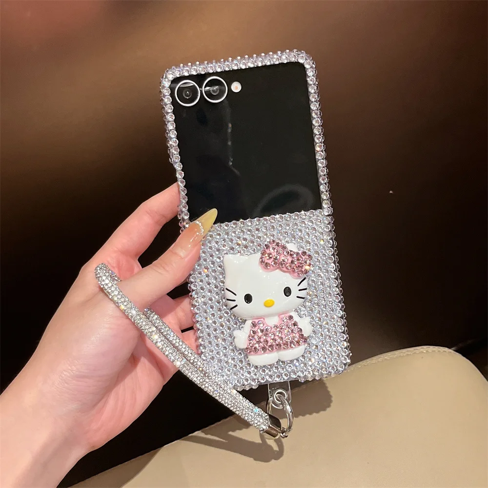 

Роскошный стильный чехол для телефона Hellokitty с бриллиантами для Samsung Galaxy Z Flip 7 Z Flip 6 flip 5 4 3, чехол с цепочкой, милый чехол Fundas