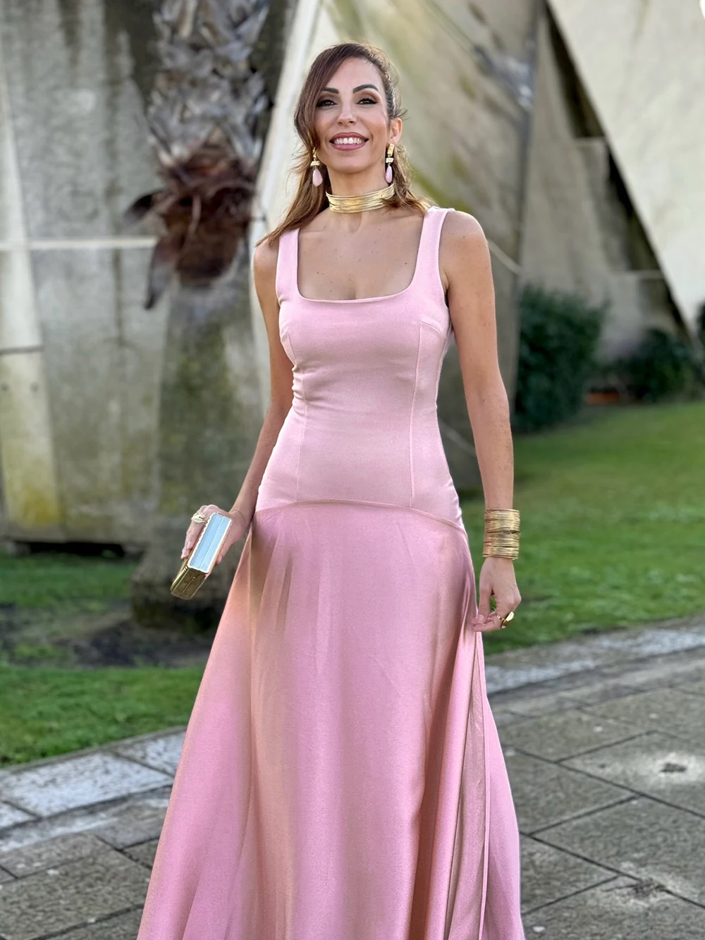 Modphy Sexy Solid Pleated Square Collar Long Dress Lady Spaghetti Strap Slim Big Hem Dresses Women 2026 New Evening Party Gown