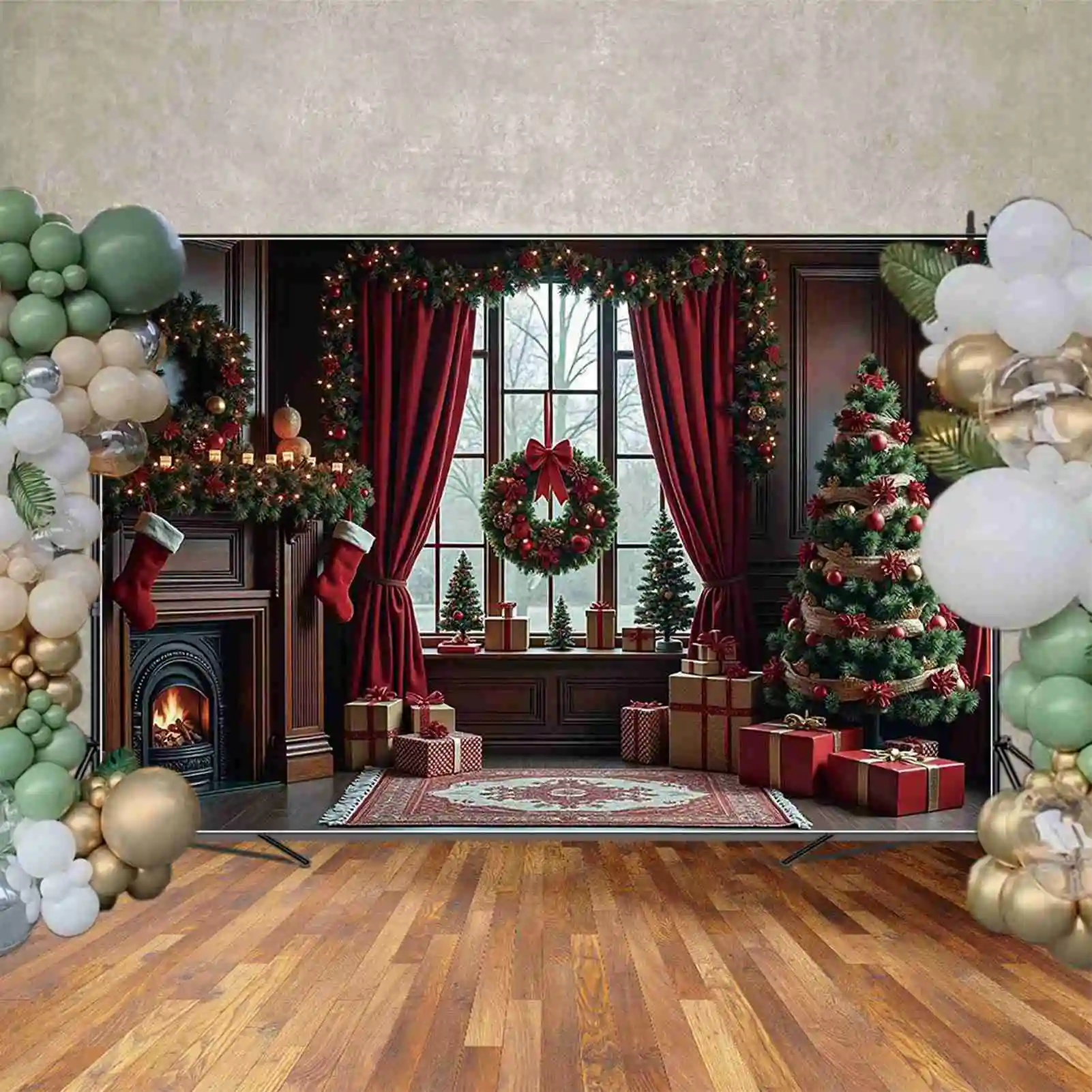 ดวงจันทร์. QG หรูหราขนาดใหญ่สีชมพูสีแดงต้นคริสต์มาสพื้นหลังสีขาวผ้าม่านบ้านพวงหรีดฉากหลังสตูดิโอถ่ายภาพอุปกรณ์เสริม