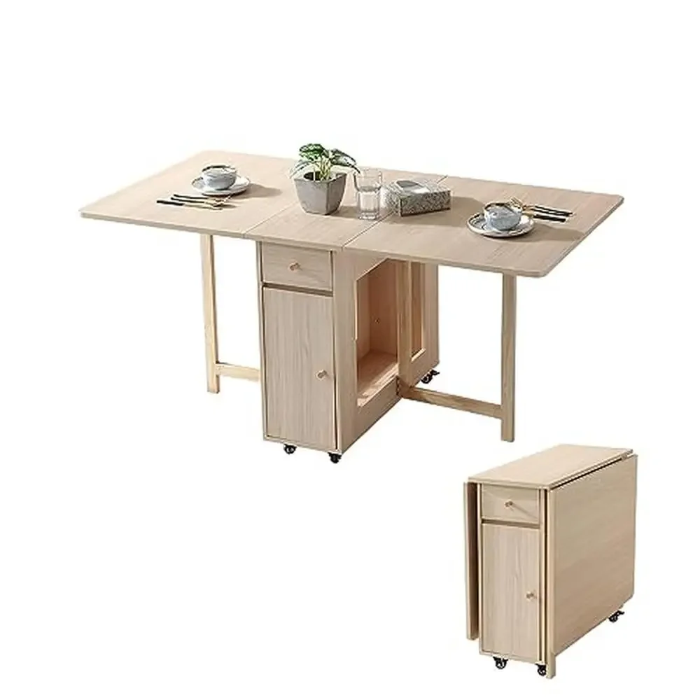 Folding Drop Leaf Dining Table with 2 Drawers Wheels Storage Space Extendable Console Farmhouse Living Kitchen Wood  Top