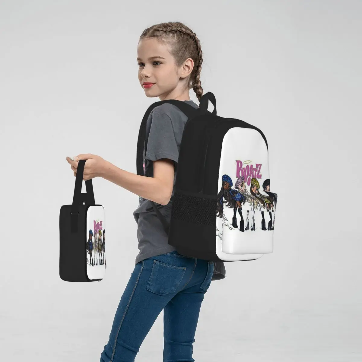 Bratz-mochila Rock Angelz para niños y niñas, morral escolar de dibujos animados, bolsa de almuerzo, juego de tres piezas