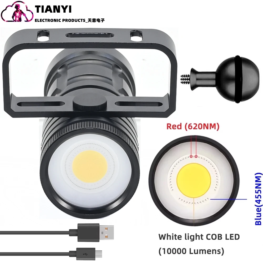 ไฟฉายดำน้ำ LED สว่างพิเศษ 18000 ลูเมนส์ กันน้ำ 100 เมตร แสงสีขาว แสงสีฟ้า แสงสีแดง ชาร์จแบบ Type C