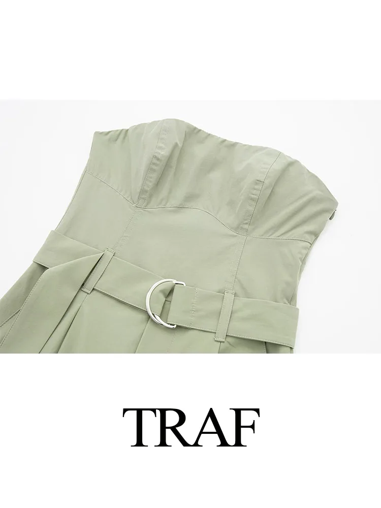 TRAF Spring New Women Fashion Y2K Jumpsuit Solid Green With Belt Sleeveless Green Cargo Pants Loose Chic Female Clothing Street