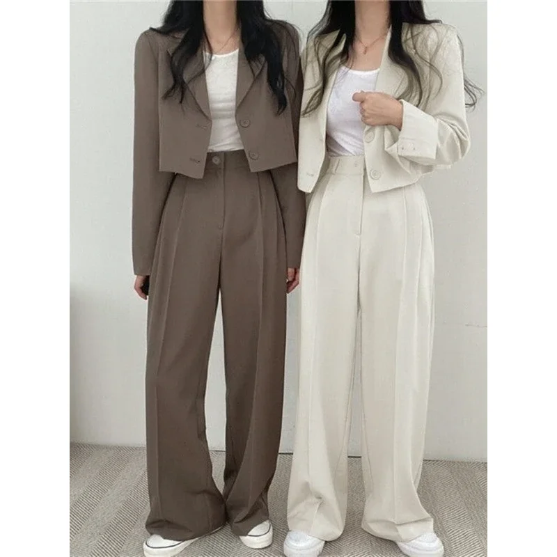 

Spring Autumn Chic Two-Piece Set Vintage Turn-down Collar Loose Short Jacket High Waist Pants Women's Fashion Ensemble