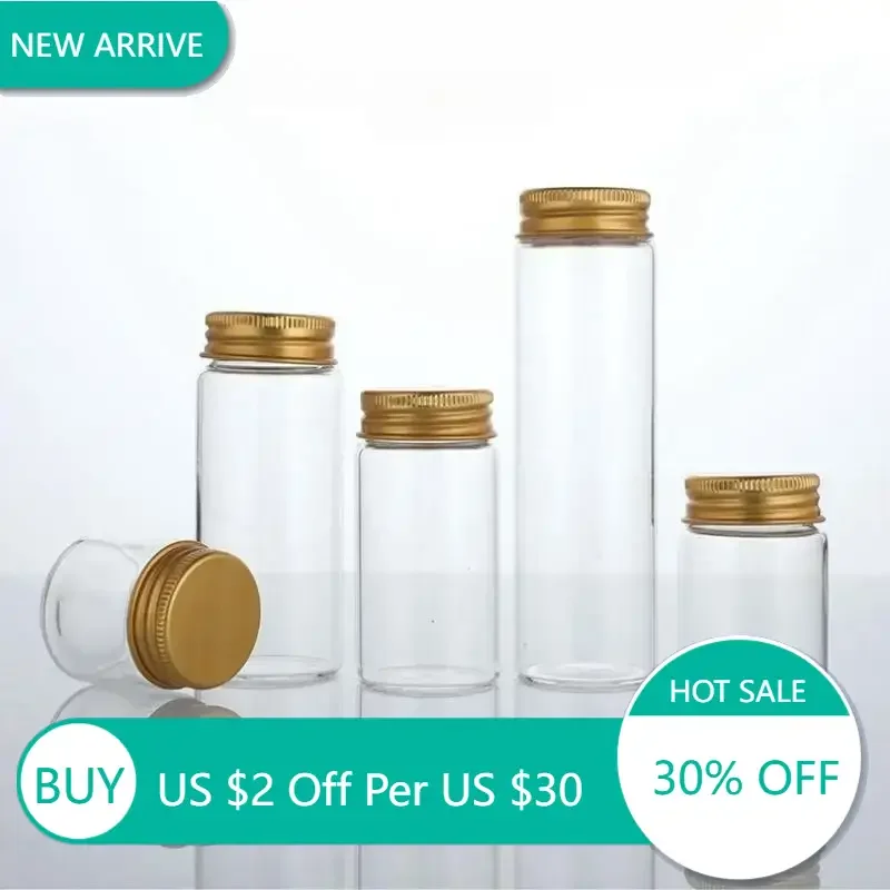 10pcs 20ml 30ml 50ml 60ml 37mm Test Tube Bottle with Gold Aluminum Cap Glass Sample Bottle Transparent Spices Candy Containers