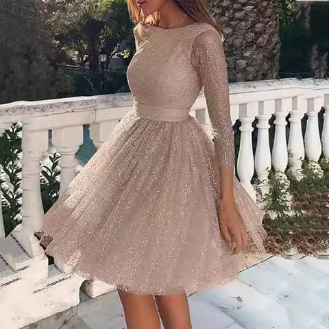 Dazzling Evening Gown Glitter Starry Tulle Prom Dress Crew Neck Formal Women Evening Dress Mesh Cocktail Party Short Dress 80%