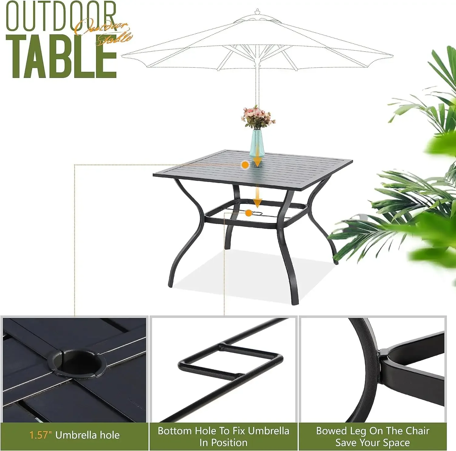 

Outdoor Furniture Dining Set 6 PCS with 10ft 3-Layer Round Umbrella1 Square 37"x 37"Dining Table,4 Wrought Bistro Chairs