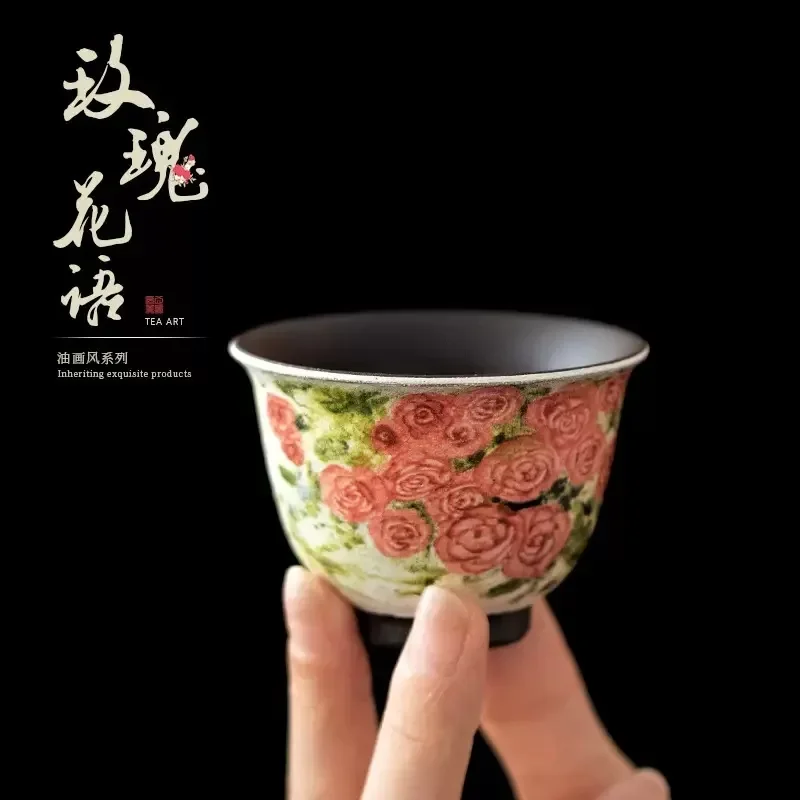 Rose Flower Language Fragrant Rhyme Cup Oil Painting Style Handmade Teacup Chinese Retro Tea Tasting Cup Ceramic Master Cup Gift