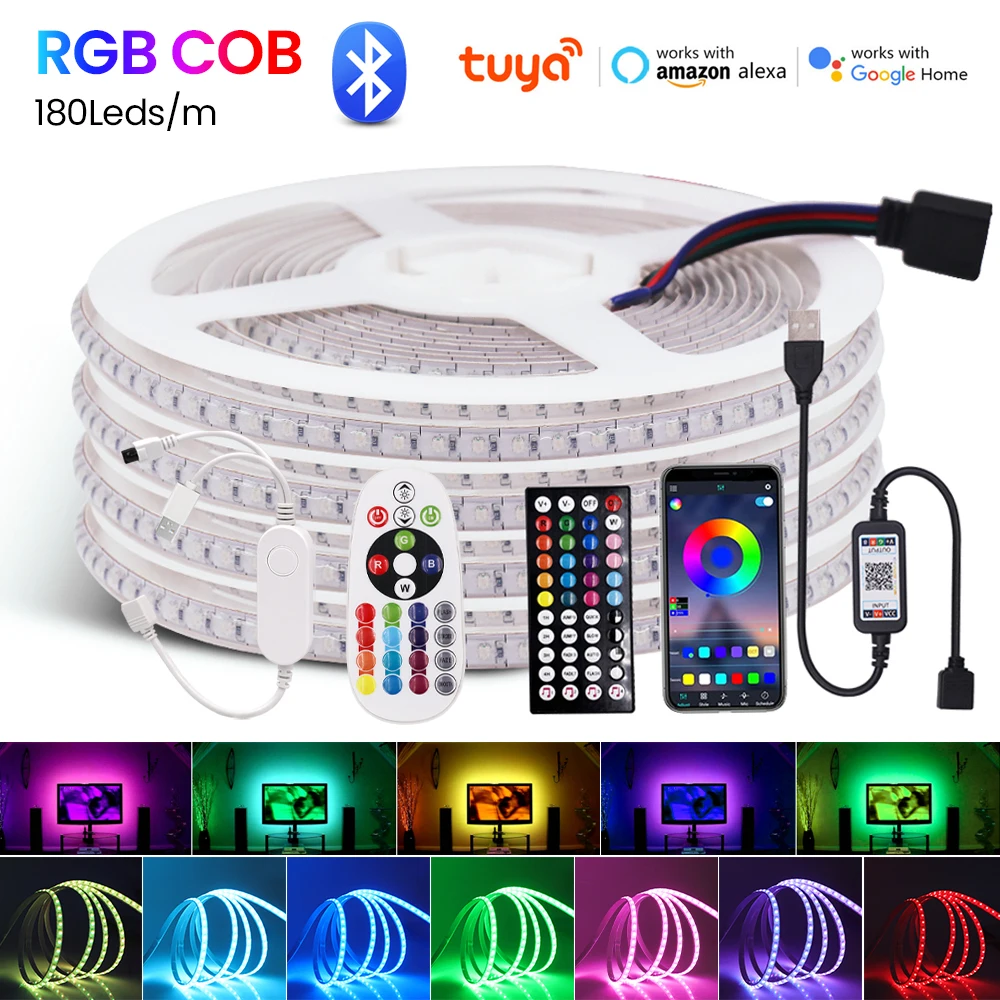 

Tuya Wifi Bluetooth RGB COB LED Strip USB 5V APP Remote Control Flexible Ribbon Tape 180Leds/m TV Backlight Work With Alexa