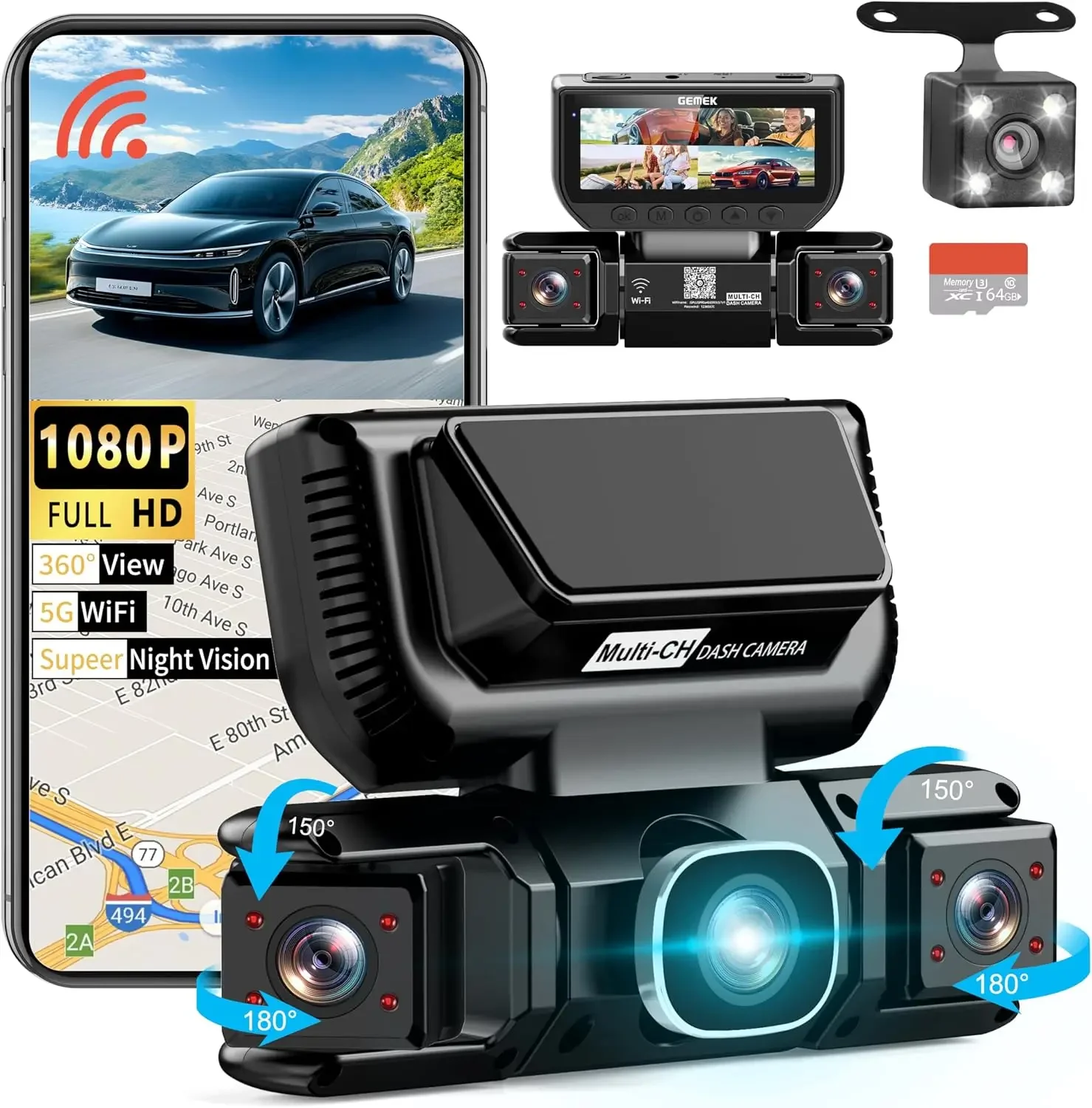 360 Degree View 4 Channel Dash Cam 5G WiFi & APP Control, 2K Front and Rear Inside, Left Right Dash Camera for Cars Free 64GB TF