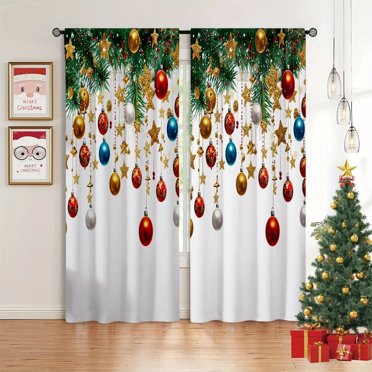 2pcs Curtains With Christmas Tree And Bauble Print—New Year's Gift, Christmas Party Decor For Children's Rooms.