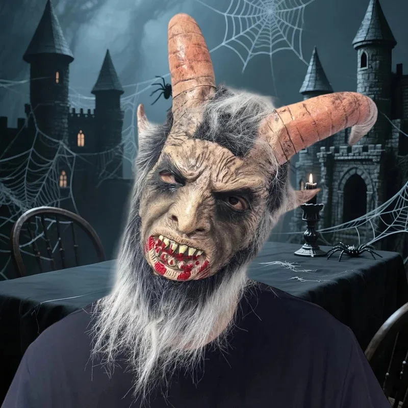قناع شيطان من اللاتكس مع قرون فم دموي لحفلة الهالوين وأغطية الرأس وإكسسوارات التنكرية ob;8