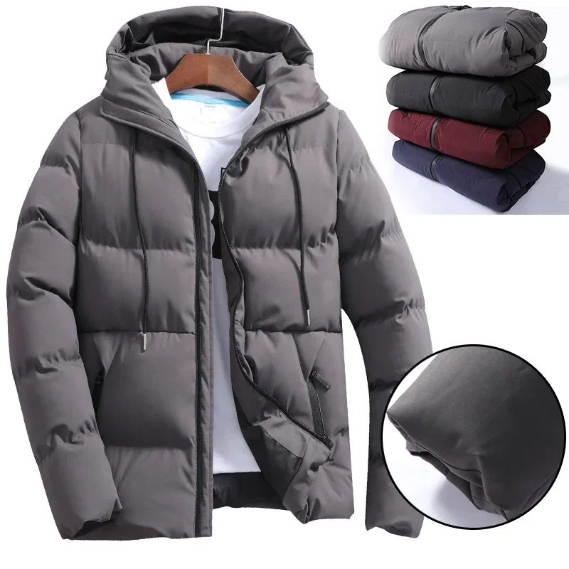 Jaqueta acolchoada de algodão acolchoada quente masculina, zíper casual de cor sólida, casaco fofo com capuz, roupas quentes para esqui ao ar livre, inverno