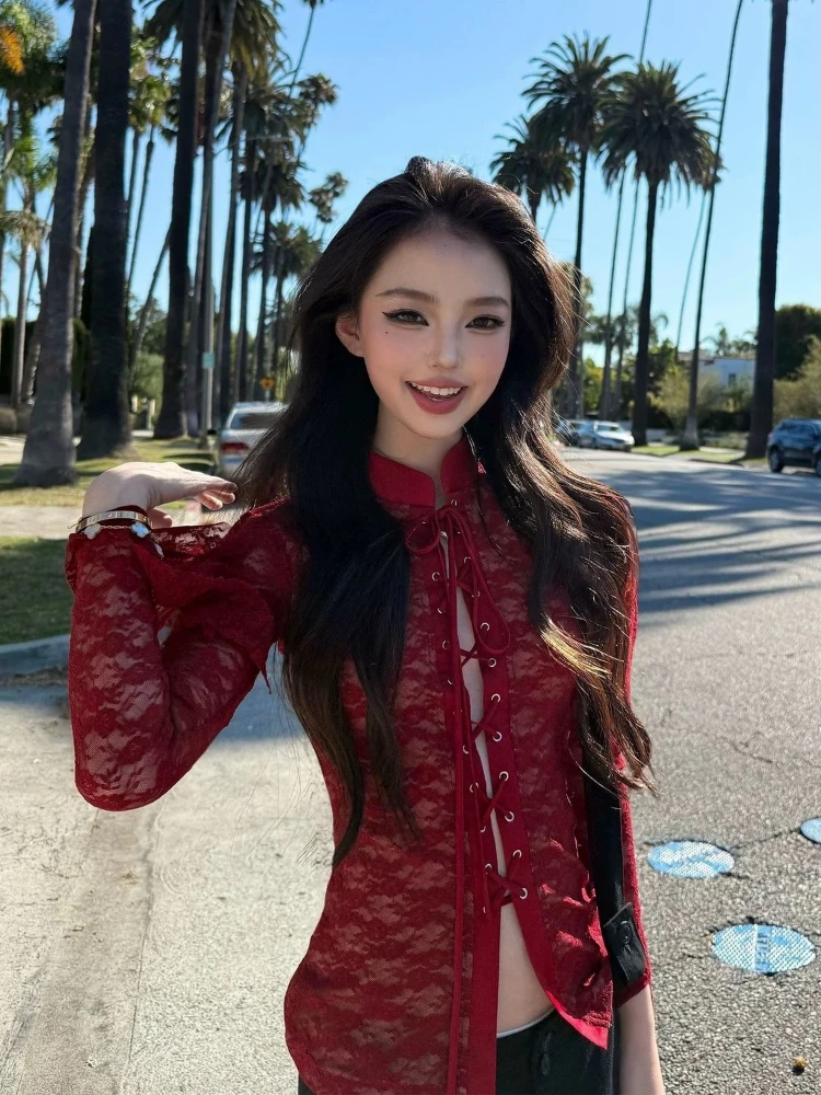 Y2K 감성 레이스 자카드 여성 블라우스 스트리트웨어 섹시한 홀로우 아웃 밴디지 그런지 셔츠 하라주쿠 시스루 빈티지 블루사