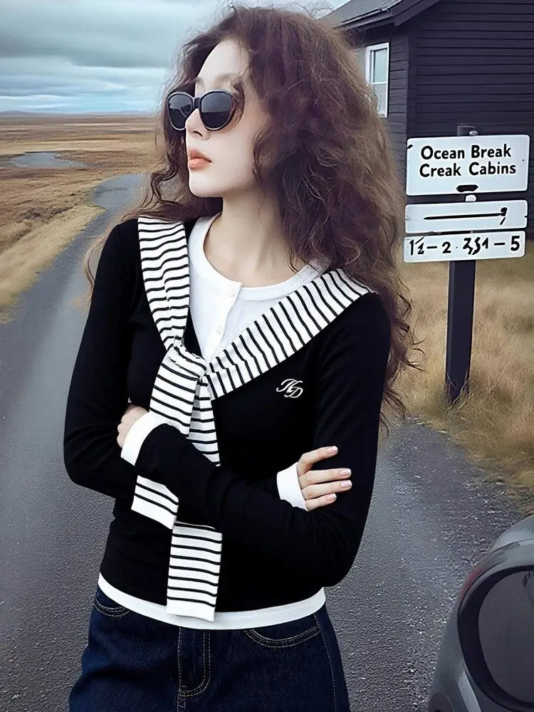 

Korean College Sle Striped oulder Wrap Long Sve Women's T-irt Slim Fit Color Blo V-Ne ort Length Casual Top