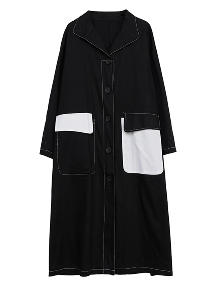 2024 Spring Autumn New Black Vintage Oversized Long Trench Coat For Women Clothes Pocket Fashion Casual Loose Outerwear Cardigan