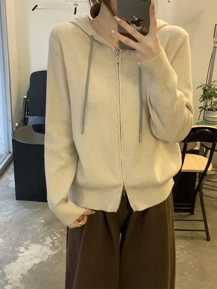Inverno 2025 novo coreano sle solto ajuste zíper com capuz andy fce malha cardigan camisola jaet feminino faion casual wear