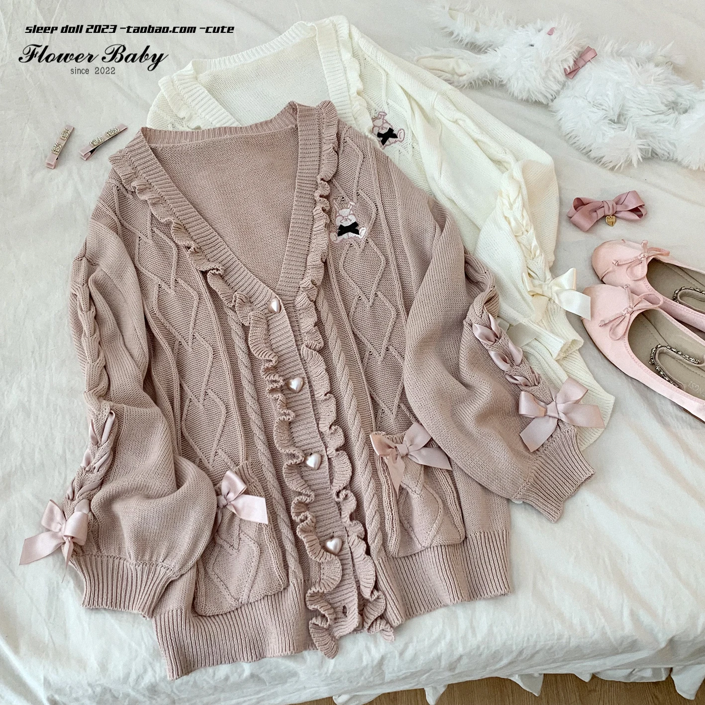 Sweet Ruffles Love Button Strap Bow Rabbit Embroidery Knit Cardigan Woman 2023 Autumn New Cute Girl Long Sleeve Knitted Cardigan