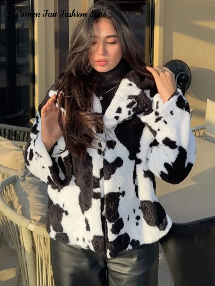 Soft Zebra Print Plush Cropped Coats 2026 Winter Fashion Turn-down Collar Hidden Buttons Jacket Women's Warm Outwear