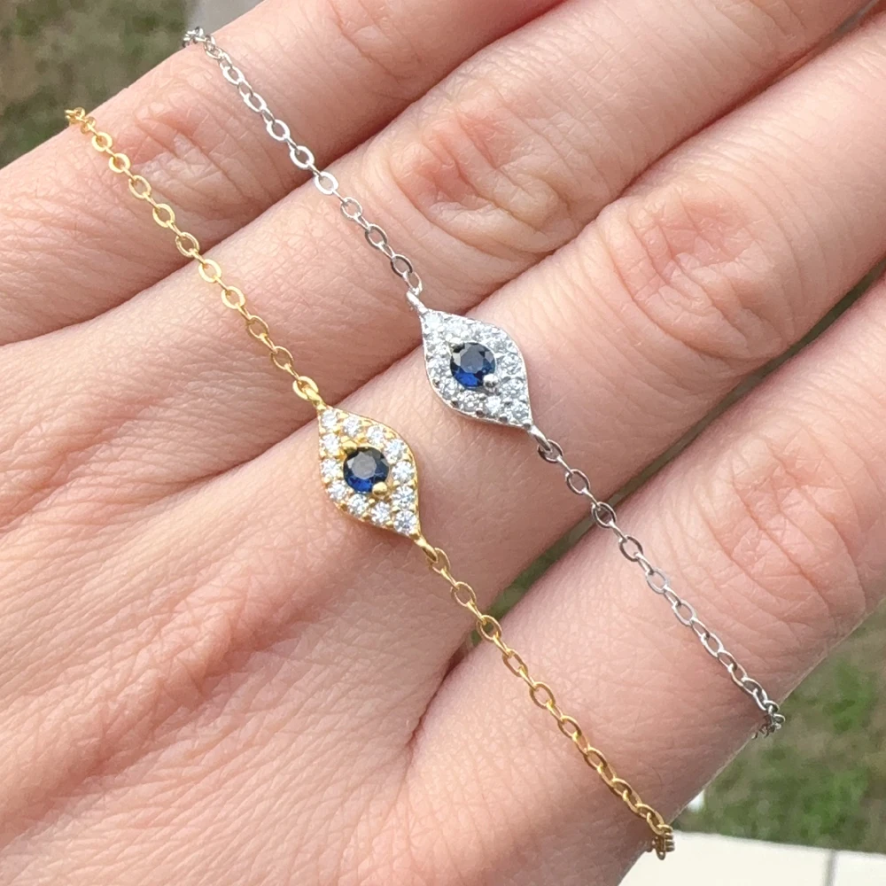 100% 925 Sterling Silver Micro Pave cyrkonia iskrzenie niebieski biały Cz Evil Eye Charm Chain bransoletka szczęście turecki biżuteria — zdjęcie 4