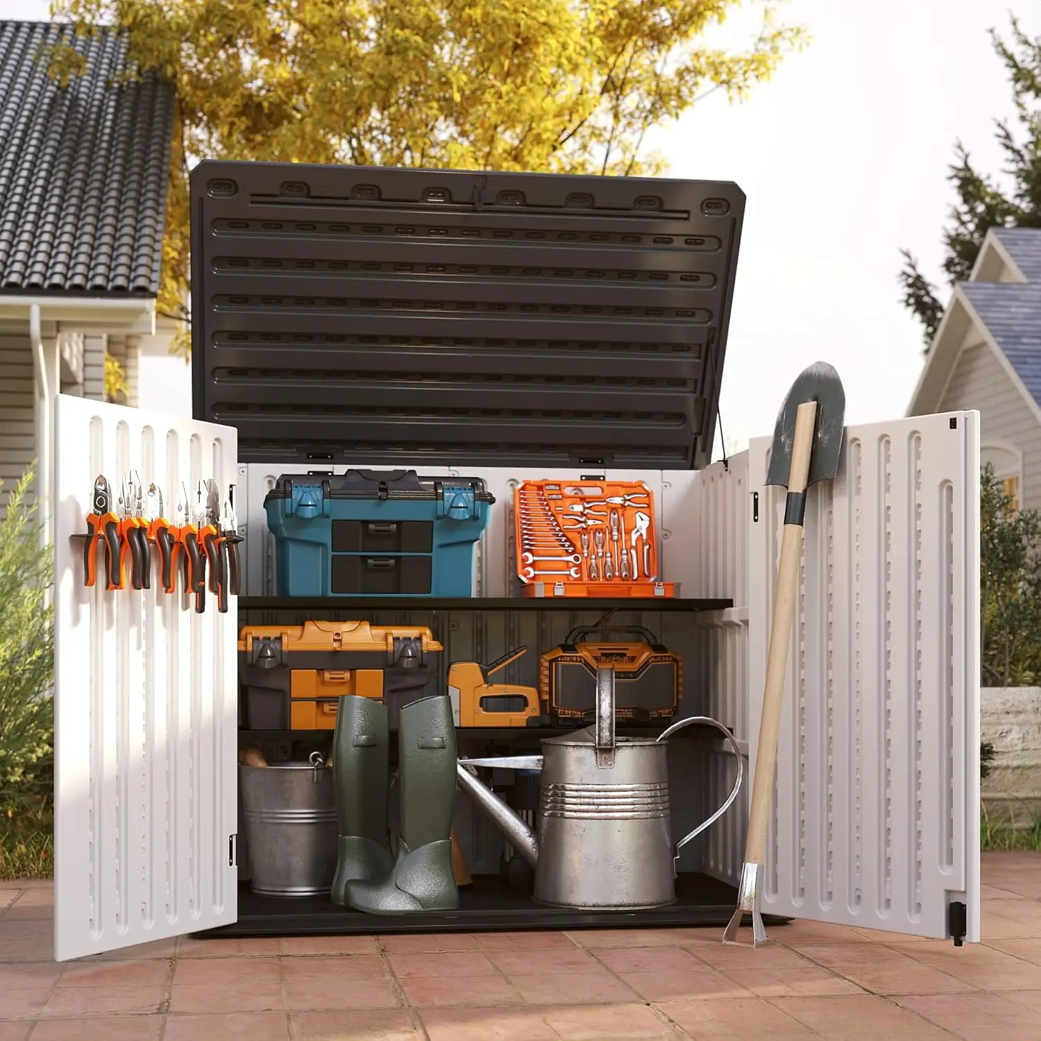 سقيفة تخزين خارجية بلاستيكية عمودية بطول 60 قدمًا مكعبًا، خزانة أدوات حديقة مقاومة للماء، 4.5 م × 2.3 م #6