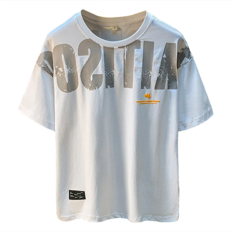 Fashionable printed short sleeved T-shirt men's loose oversized summer elastic breathable round neck casual high-end top