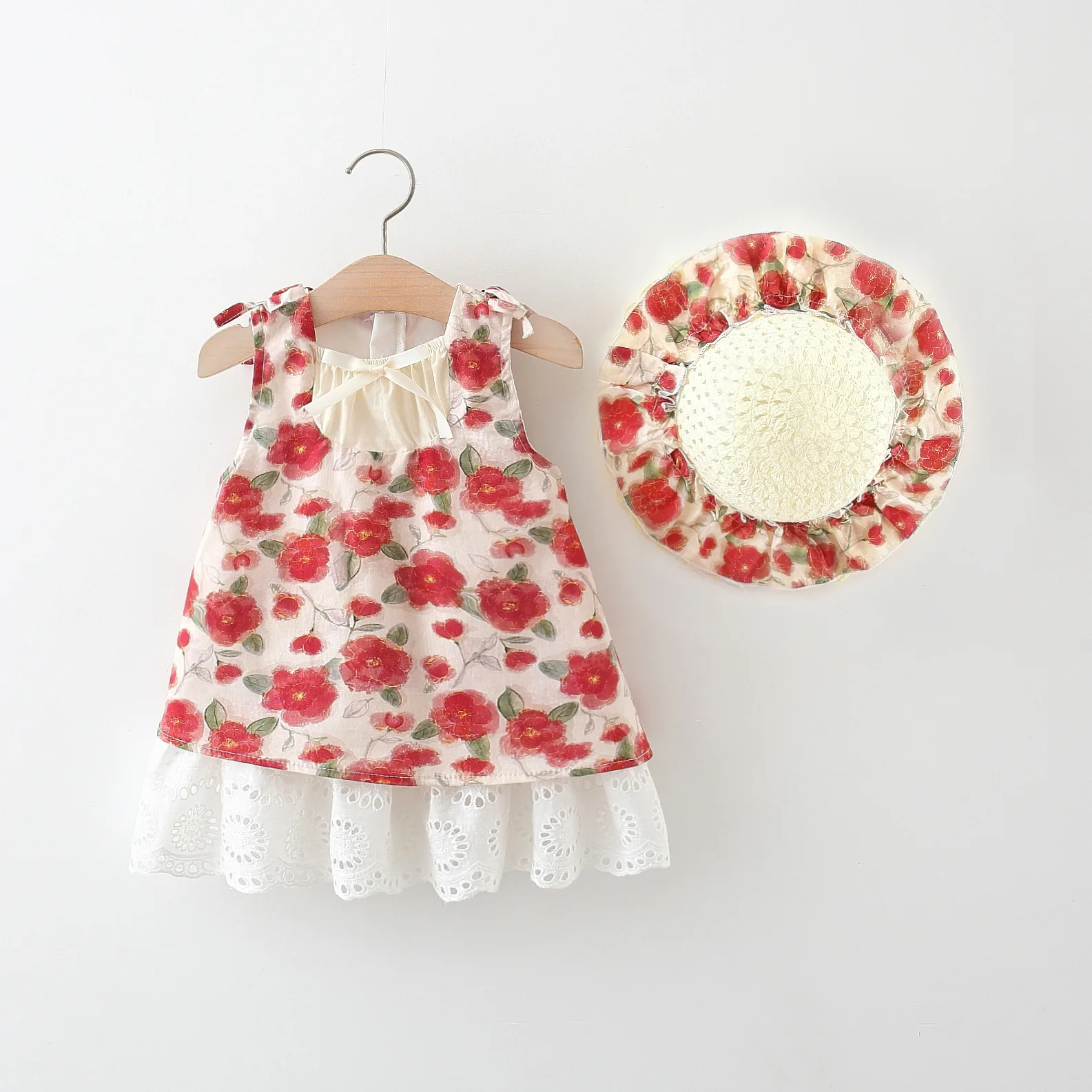 Baby Girl Dress Summer Red Flower Girl Vacation Dress Cute Beach Princess Dress With Hat