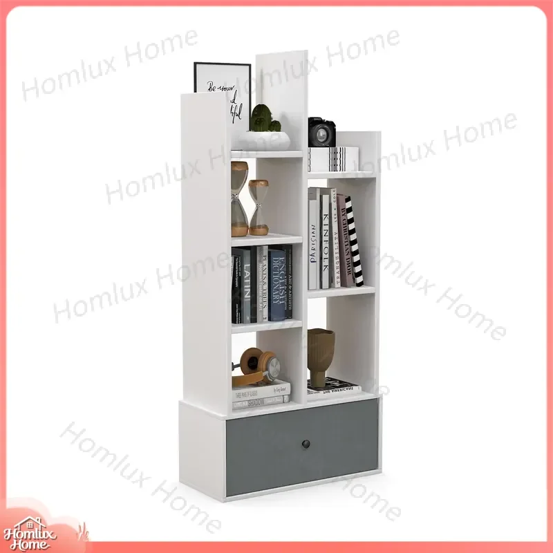 Tree Shaped Bookcase with Drawer Free Standing Bookshelf 7 Open Storage Shelves Modern Living Room Bedroom Bookshelf