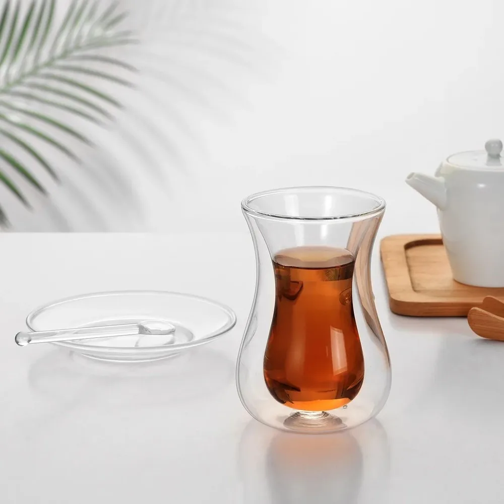 Turkish Bohea Double Wall Glass Tea Cup Saucer Spoon Set, Insulated Thermal Espresso Shot Coffee Mug, Heat-Resistant