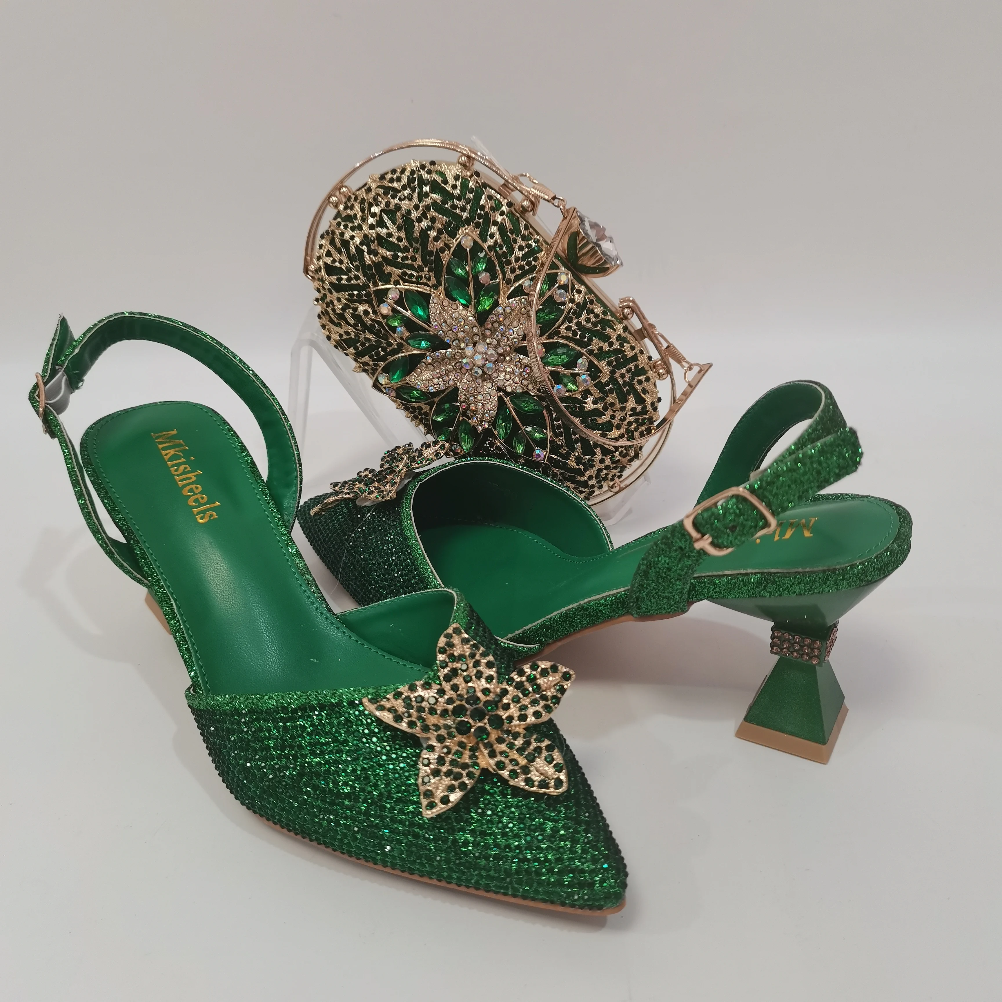 Good Quality Italian Design African Women's Rhinestone High Heel Point Toe Sandals and Bag Set for Party Sandals and Bag F1022-1