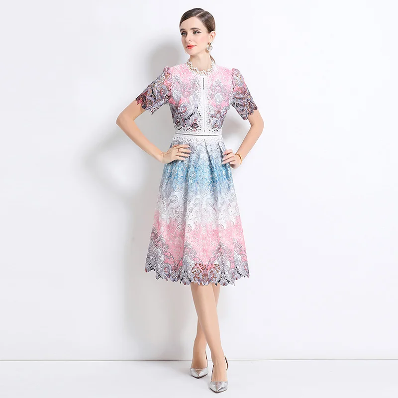 Elegantes formelles Kleid mit Ausschnitt, wasserlösliches Spitzenkleid für Damen, kleiner Stehkragen, kurze Ärmel, Blumendruck, schicke Akzente, Dress2025