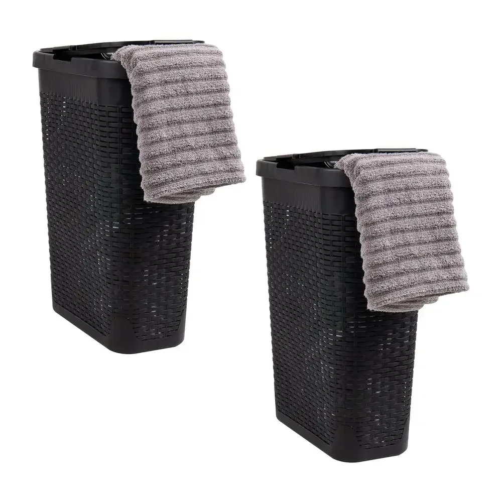 

Black Wicker Laundry Hamper Set of 2 40L Slim Design with Lid and Handles Ventilated Plastic Basket Clothes Organization and