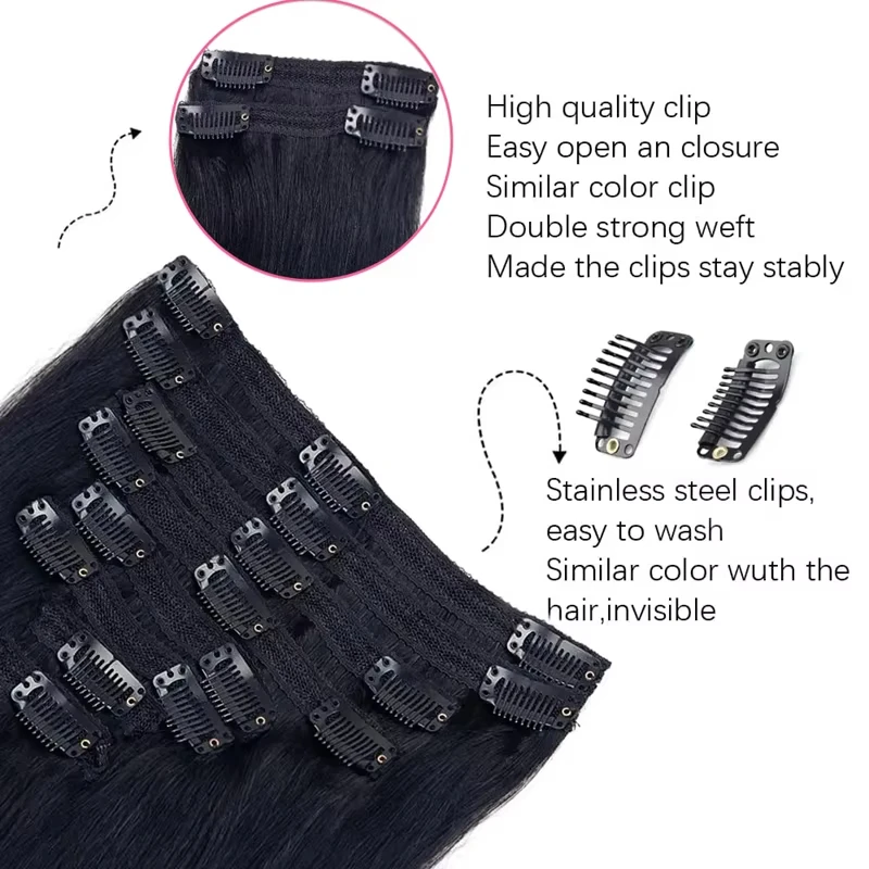14A natürliche schwarze Haarverlängerungen, gerade Clip-Ins-Haarverlängerungen, 100 % echtes Remy-Rohhaar, seidige glatte Haarspangen für Frauen