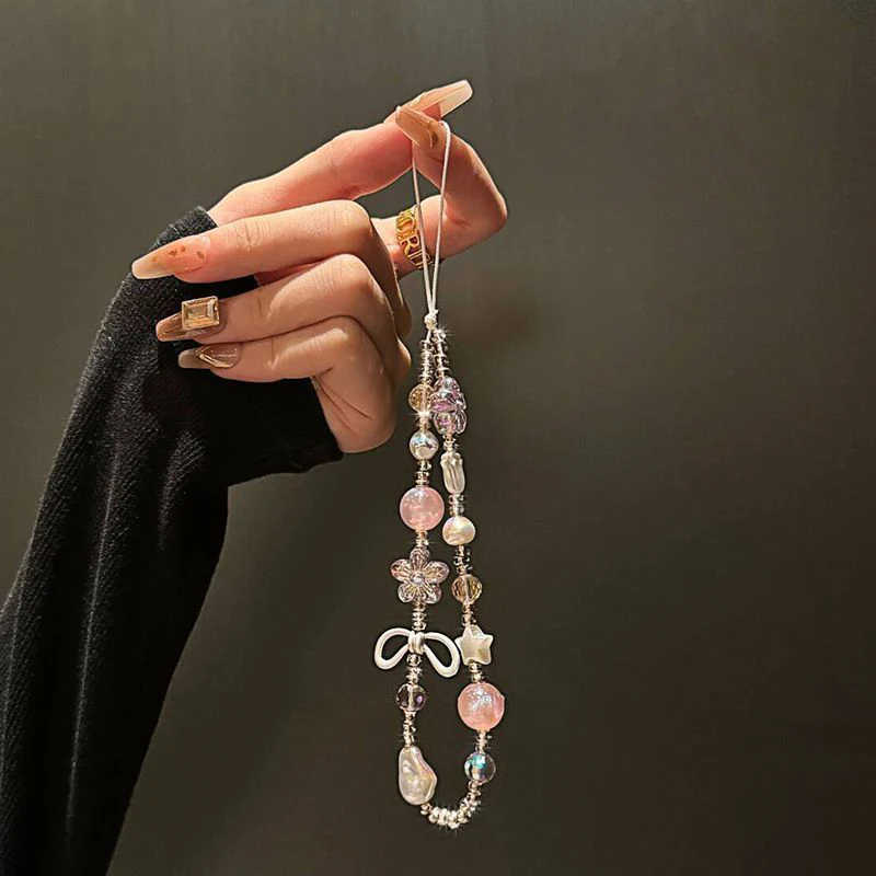 Y2K Knot Cellphone Lanyard, Butterfly Bead Phone Charm;