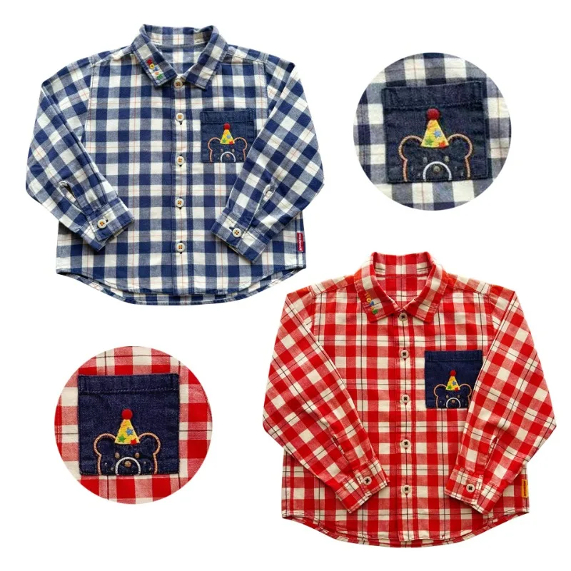 

Autumn Japanese Children's Shirt for Boy Red Checkered Birthday Bear Long Sleeved Shirt Boys Casual Shirts Girls Blouse