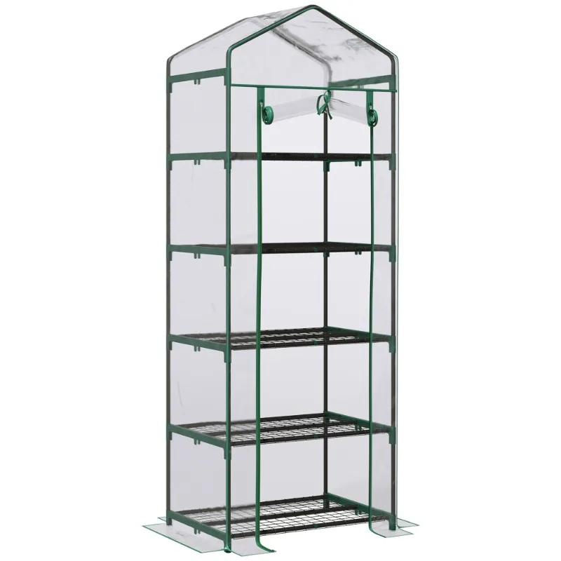 5 Tier Mini Greenhouse, Small Walk-in Greenhouse with Reinforced Plastic Cover, Garden Grow House with Roll Up Door and Shelves,