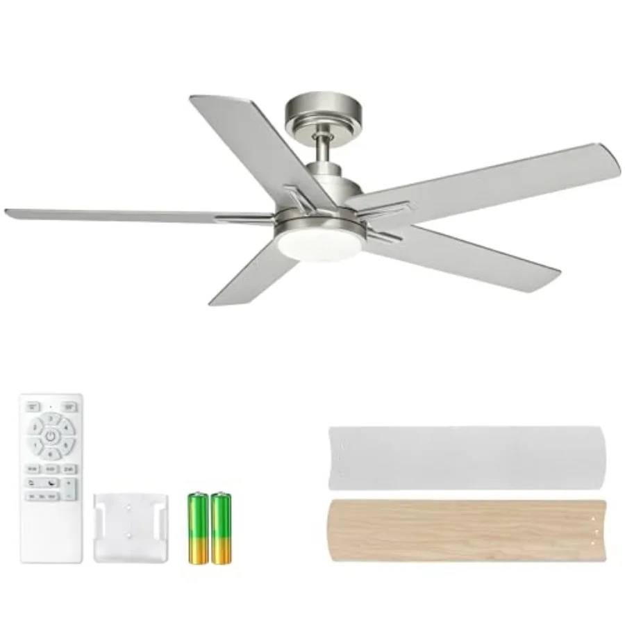 

Indoor/covered outdoor use, brushed nickel, noiseless dimmable 3CCT 6-speed reversible modern DC ceiling fan with light and rem