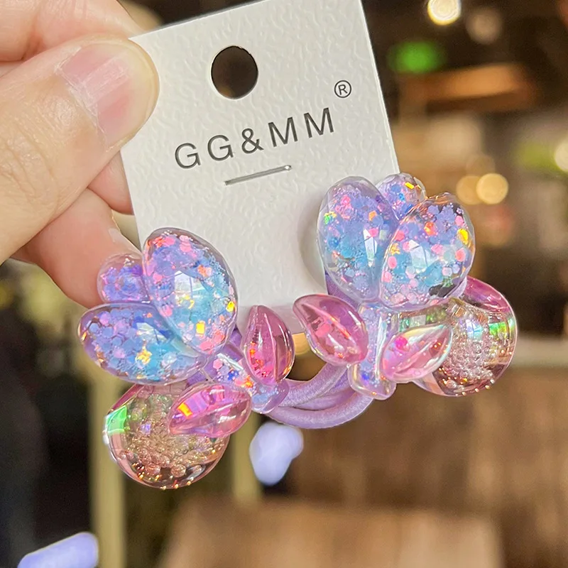 2PCS Gradient Colored Flower Bubble Beads Girls Elastic Hair Bands Princess Hair Accessories Children Hair Ties Baby Headwear