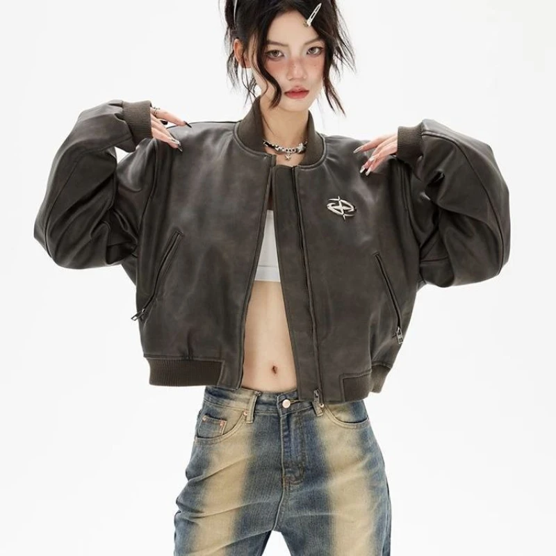 

Новое поступление 2023 года, короткая кожаная куртка для мужчин и женщин, американский ретро байкерский стиль, винтажное пальто из искусственной кожи, повседневная верхняя одежда