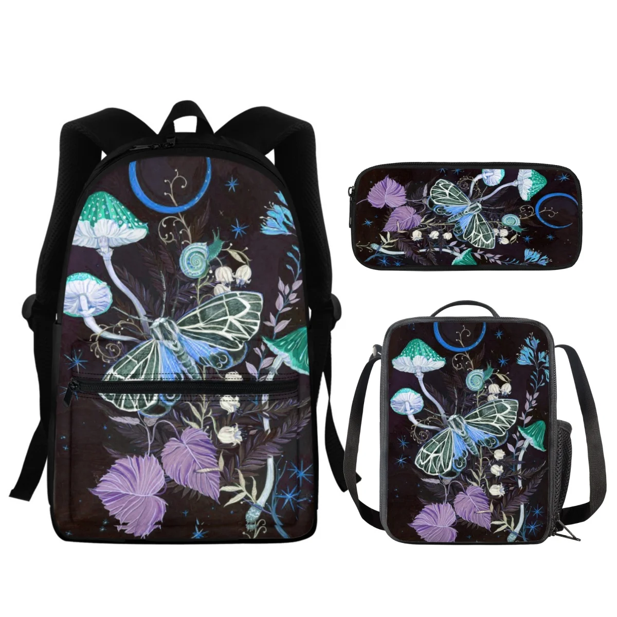 

FORUDESIGNS Utility Backpacks 3Pcs/Set Mushroom Night Moth Pencilcase Student Shoulder Meal Bag School Camping Shopping Rucksack