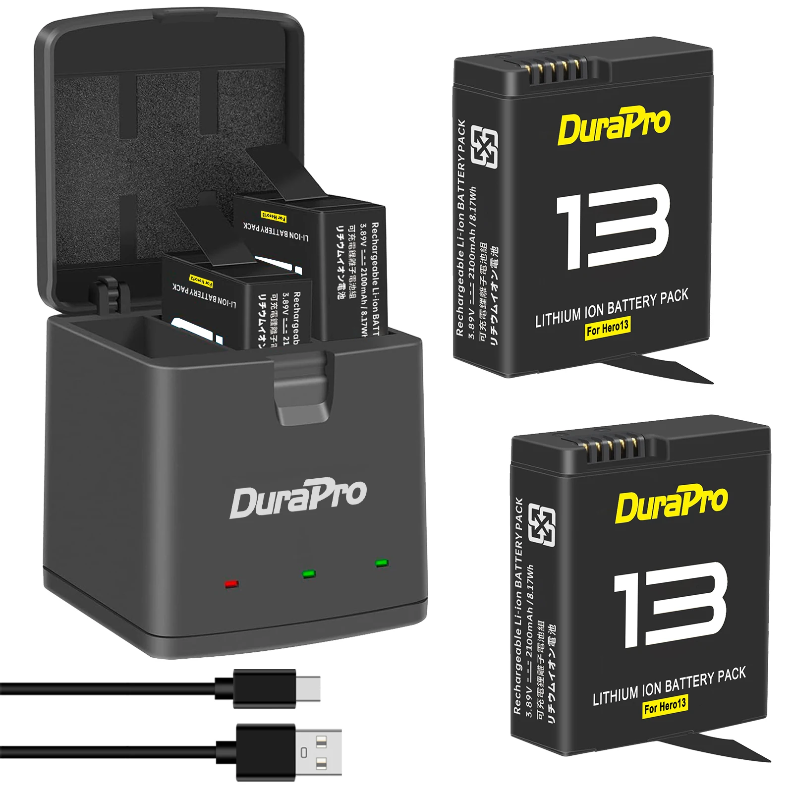 DuraPro 2100mAh Battery + 3-Slots Box charger for Original GoPro Hero 13 Black camera Accessories