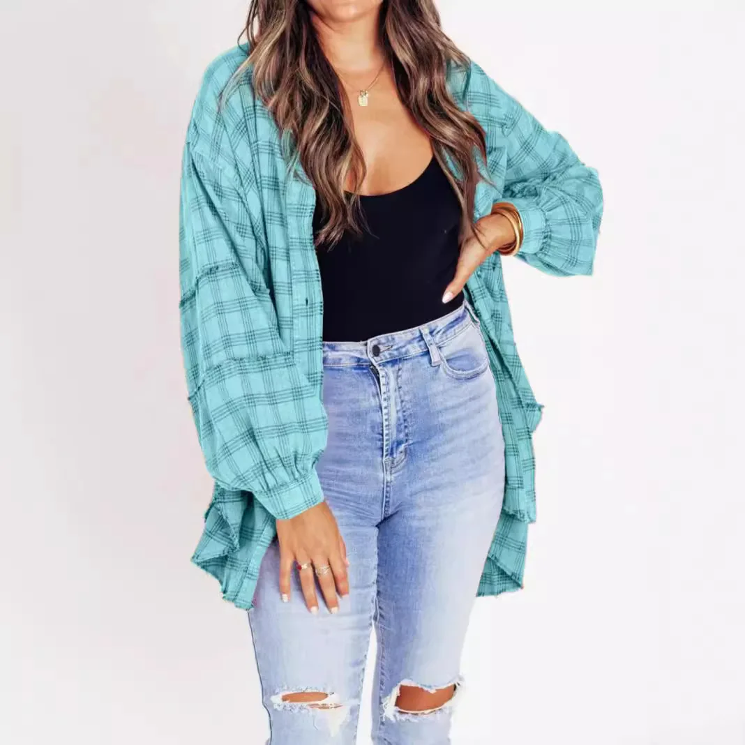 Women Shirt Plaid Blouses Turn Down Collar Y2k Streetwear Casual Loose Tops Shirts Elegant Beach Single Breasted 2025 Spring