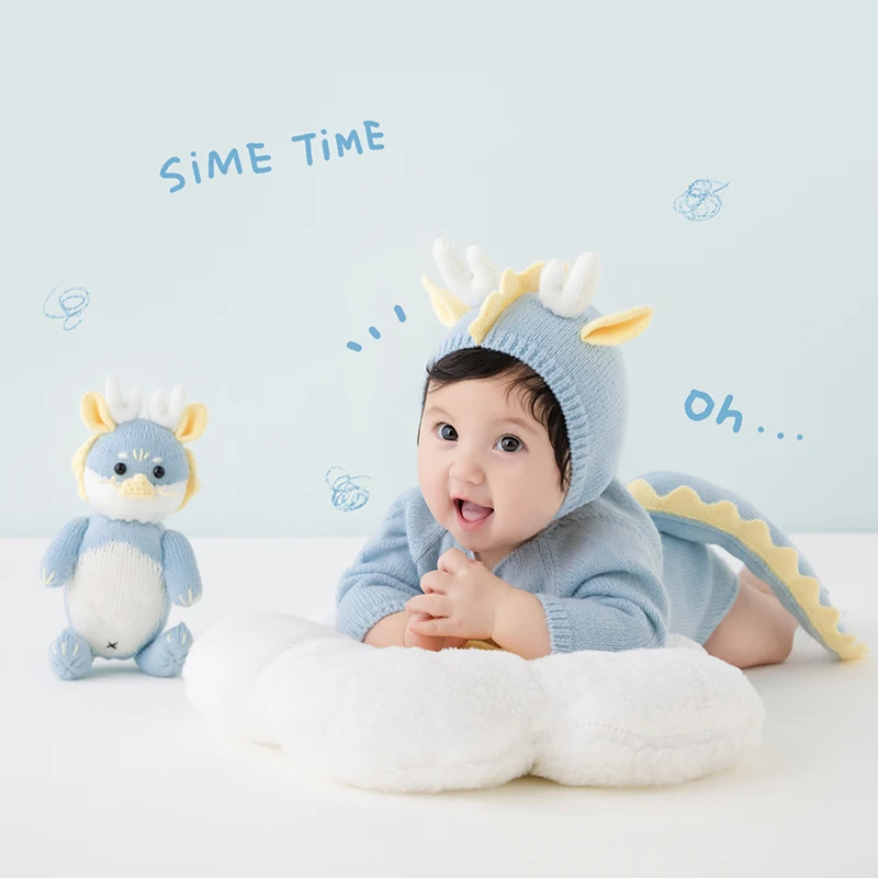 Baby Photography Clothes Lovely Knitted Dragon Outfit With Tail 3-5 Month Infant Photoshoot Props Sunflower Pillow Photo Prop