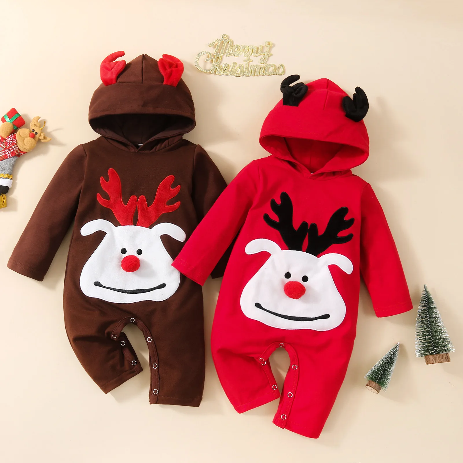 Newborn Baby Clothes Antler Printed Hooded Romper Autumn Winter Christmas Boys and Girls One Piece Clothing Kids Outfits Sets