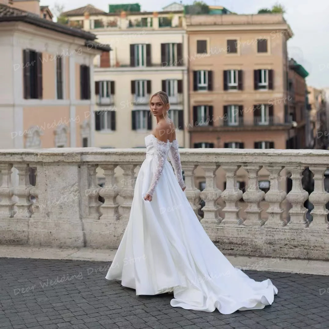 Robe de mariée en satin à manches longues pour femmes, robes simples à paillettes, ligne A, sexy, patients initiés hors, robe de soirée élégante, 2024