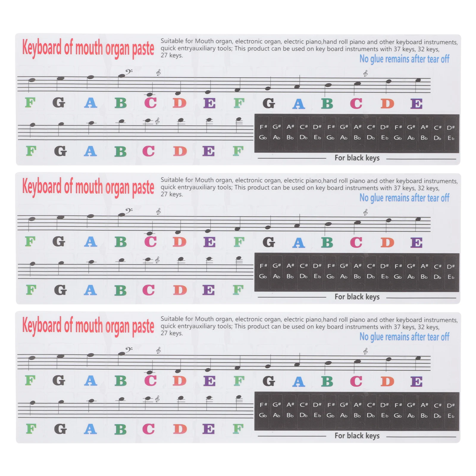 

3 Pcs Melodica Keyboard Stickers Harmonica Notes Decal Kids Musical Child Practice Easy Smooth Surface Clear Font Durable