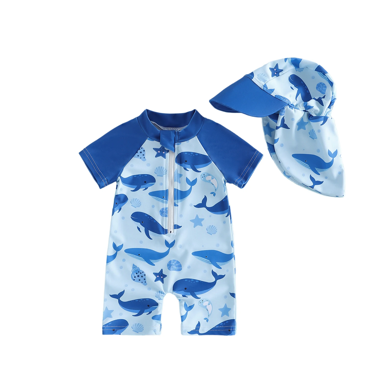 Infant Baby Girl Swimsuit with Sun Hat 2 Piece Set Tropical Flamingo Print Rash Guard Short Sleeve Swimwear