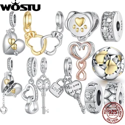 WOSTU 100% 925 Sterling Silver Two-tones Heart Charms Star Stopper Beads Fit for Women Original Bracelet Pendant DIY Jewelry