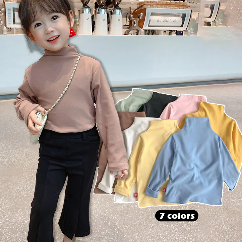 Children Semi High Neck Warm Pullover Boys Inner Layer Dralon Autumn Clothes 2-8 Years Old Candy Colored Girl Warm Plush T-shirt