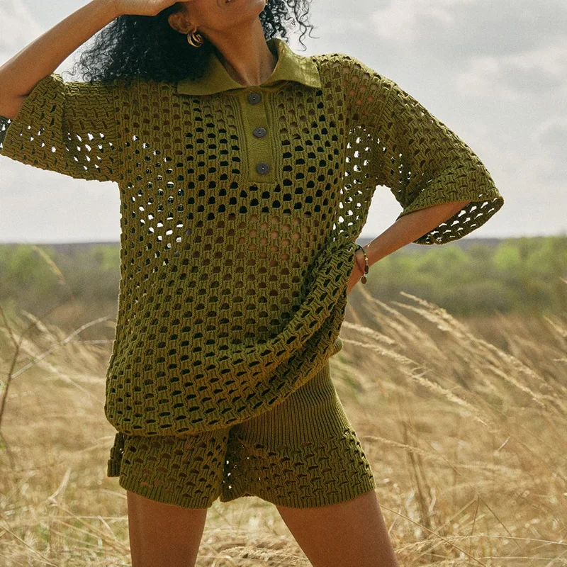 

2026 New Fashion Button Hollow Shirt + Shorts Two-piece Sets Women Summer Casual Loose Solid Color Top Shorts Suit For Women